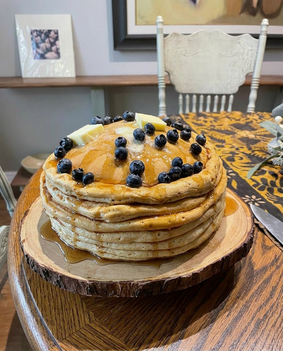 A hyperrealistic cake that looks like a stack of golden pancakes with syrup and blueberries on a rustic wooden board