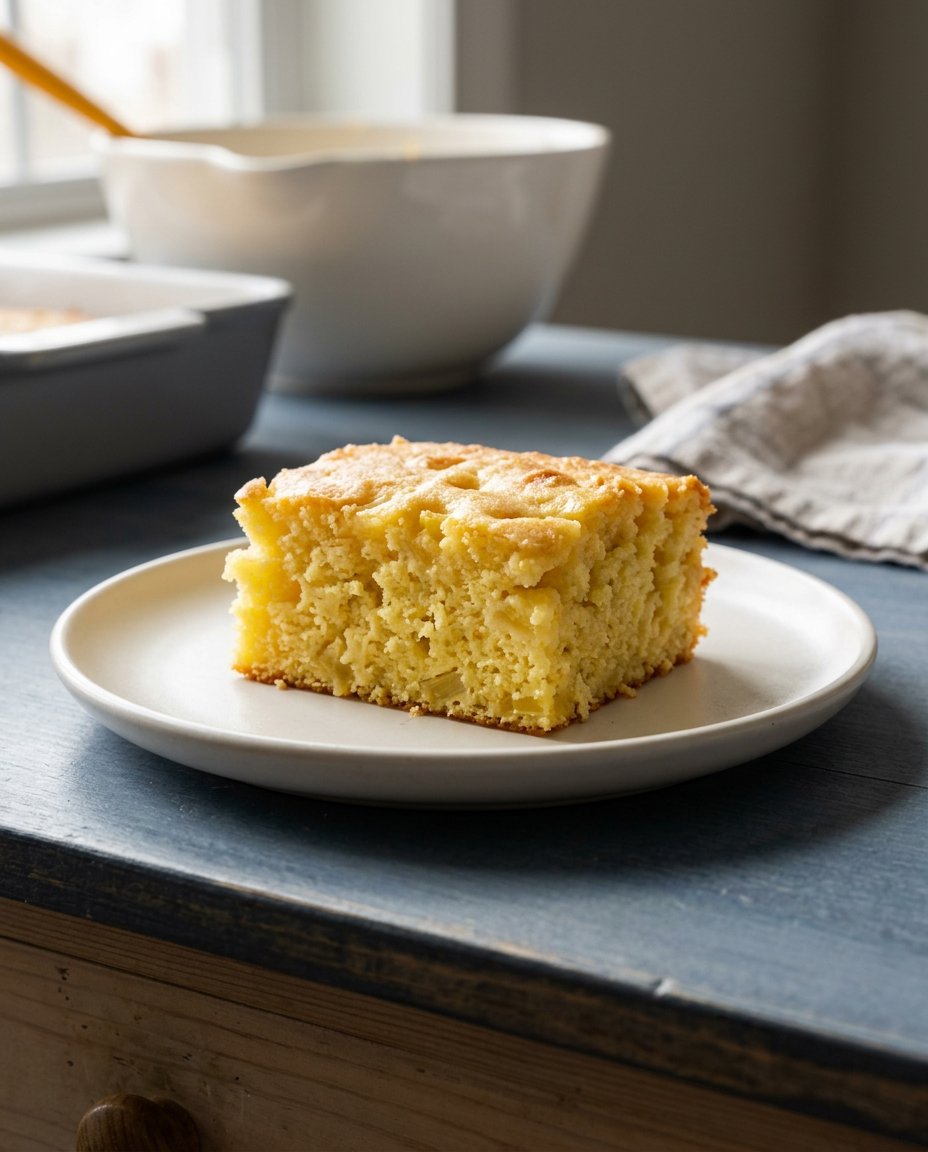 Yellow cake mix and canned mandarin oranges on a wooden farmhouse table