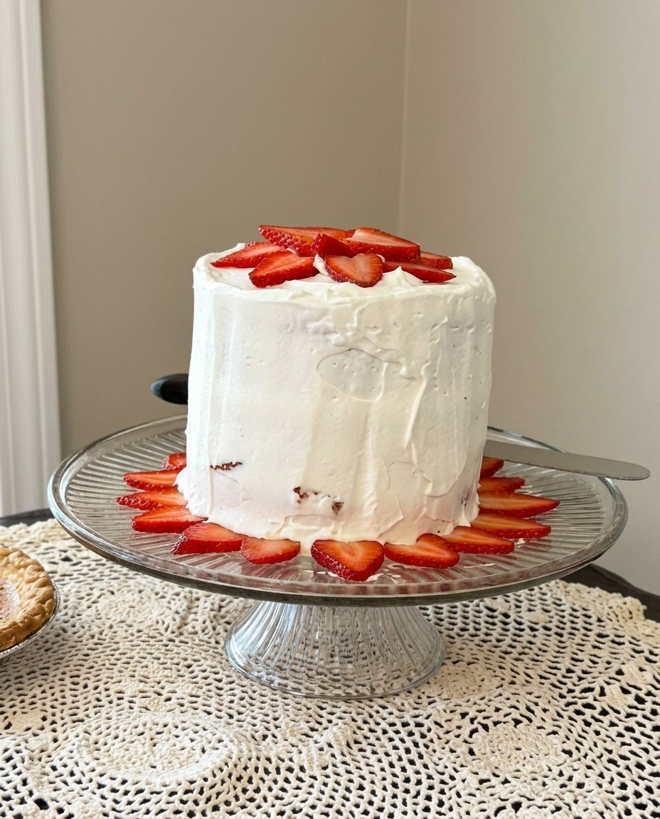 A three-layer rustic strawberry cake with pink frosting on a wooden table