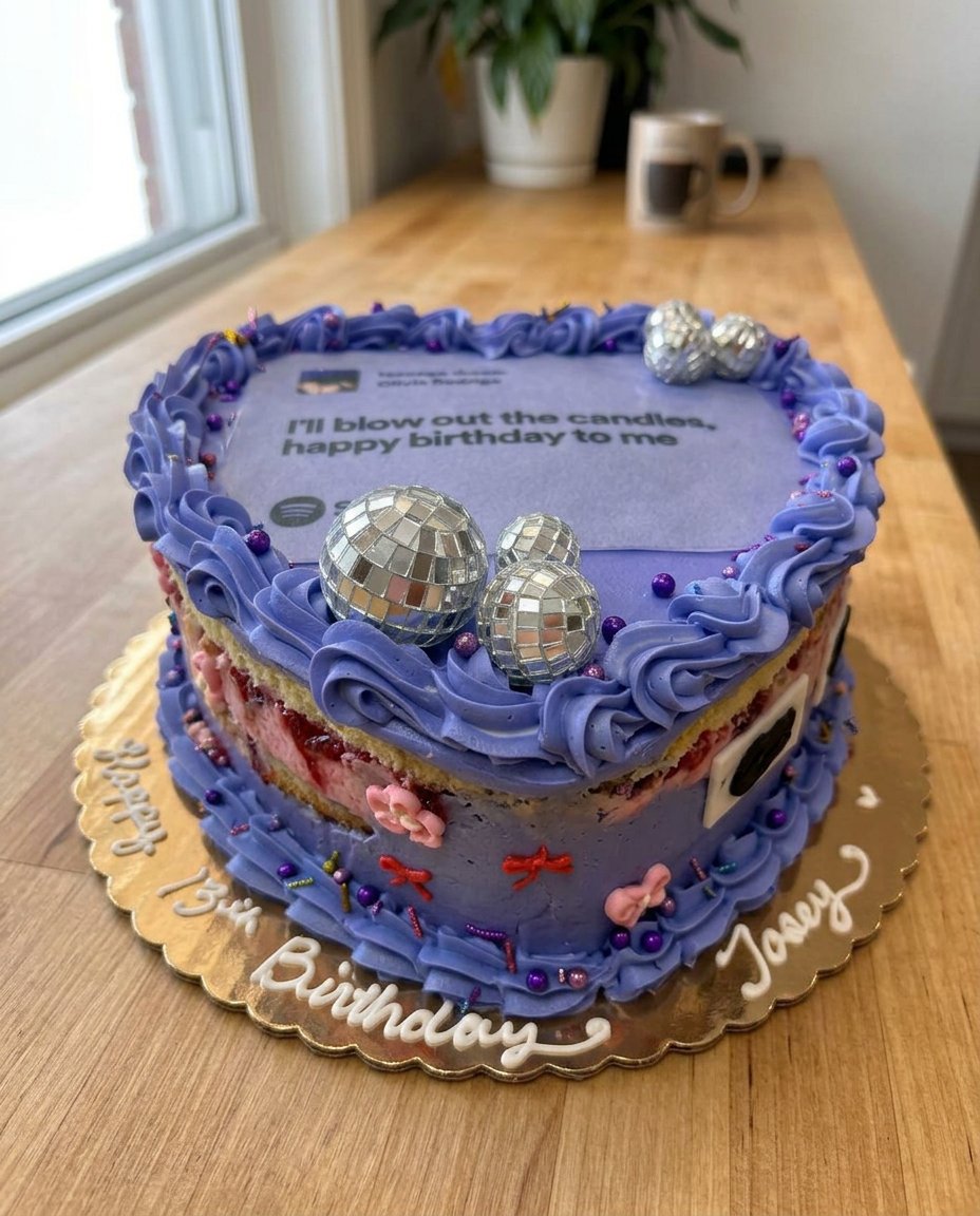 A four layer purple Olivia Rodrigo cake with ruffles and bows