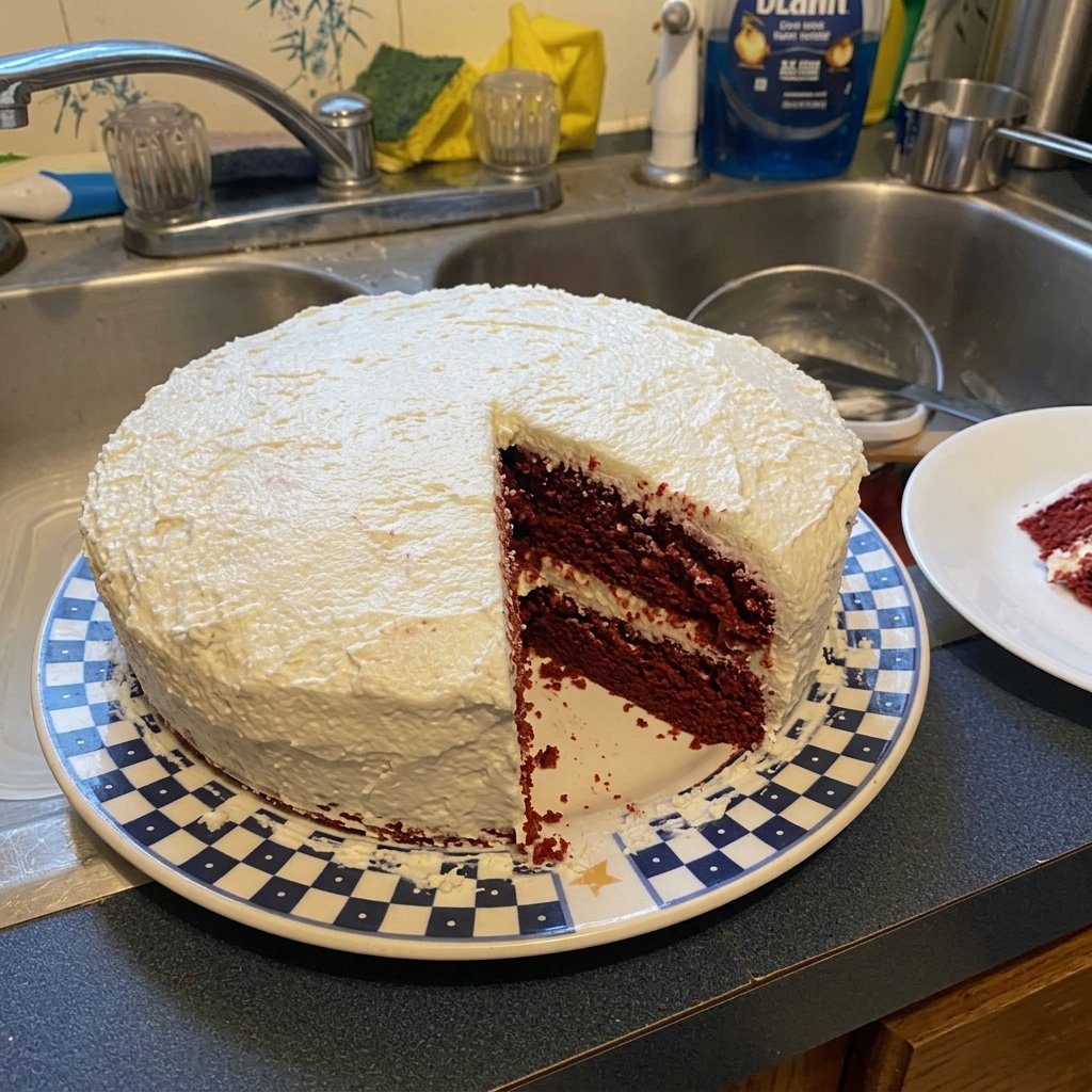 A three layer red cake with thick cream cheese frosting on a rustic wooden stand