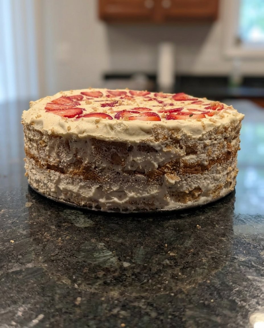 A rustic strawberry icebox cake layered with fresh fruit and cream in a loaf pan.