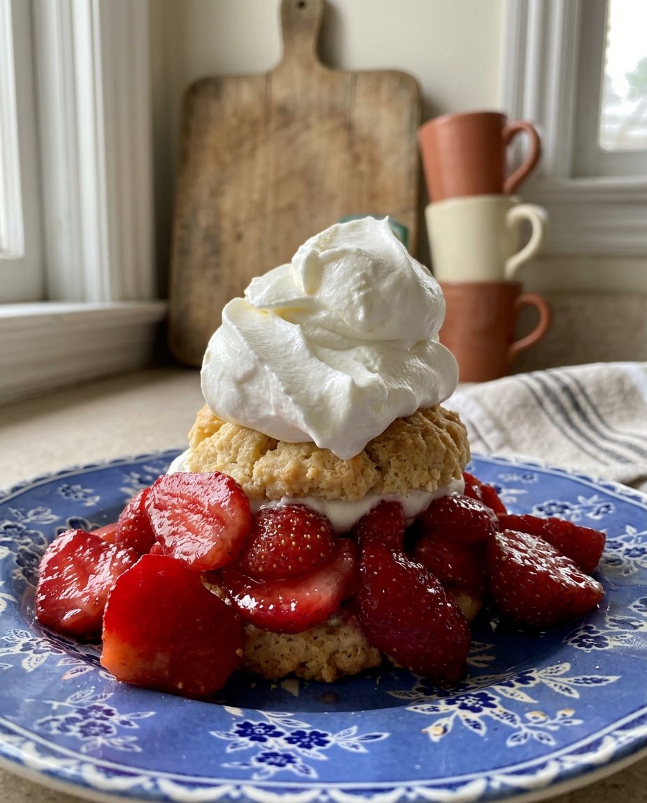 A rustic strawberry shortcake topped with billowy whipped cream and fresh sliced berries