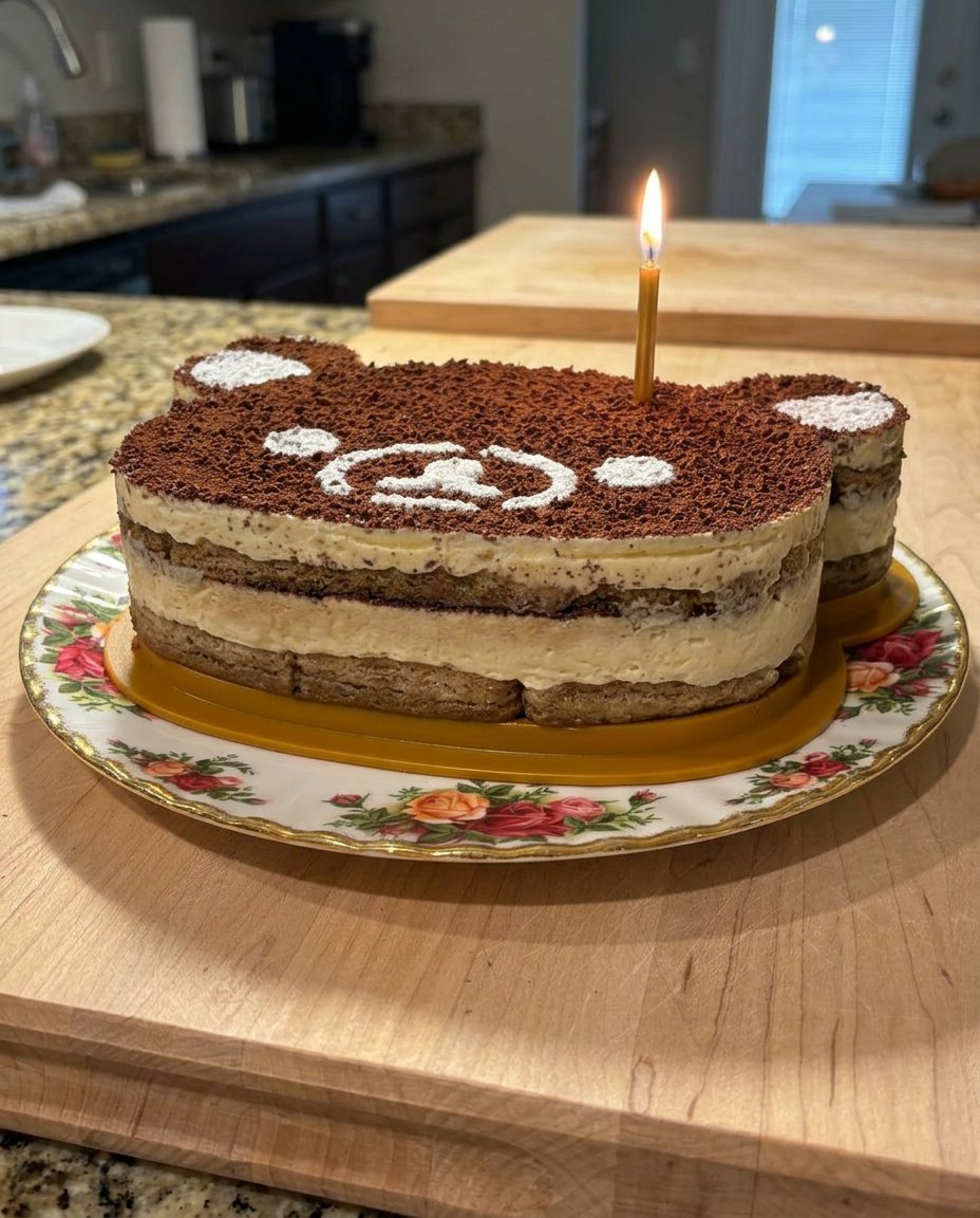 A rustic tiramisu cake layered in a glass baking dish with cocoa powder dusting