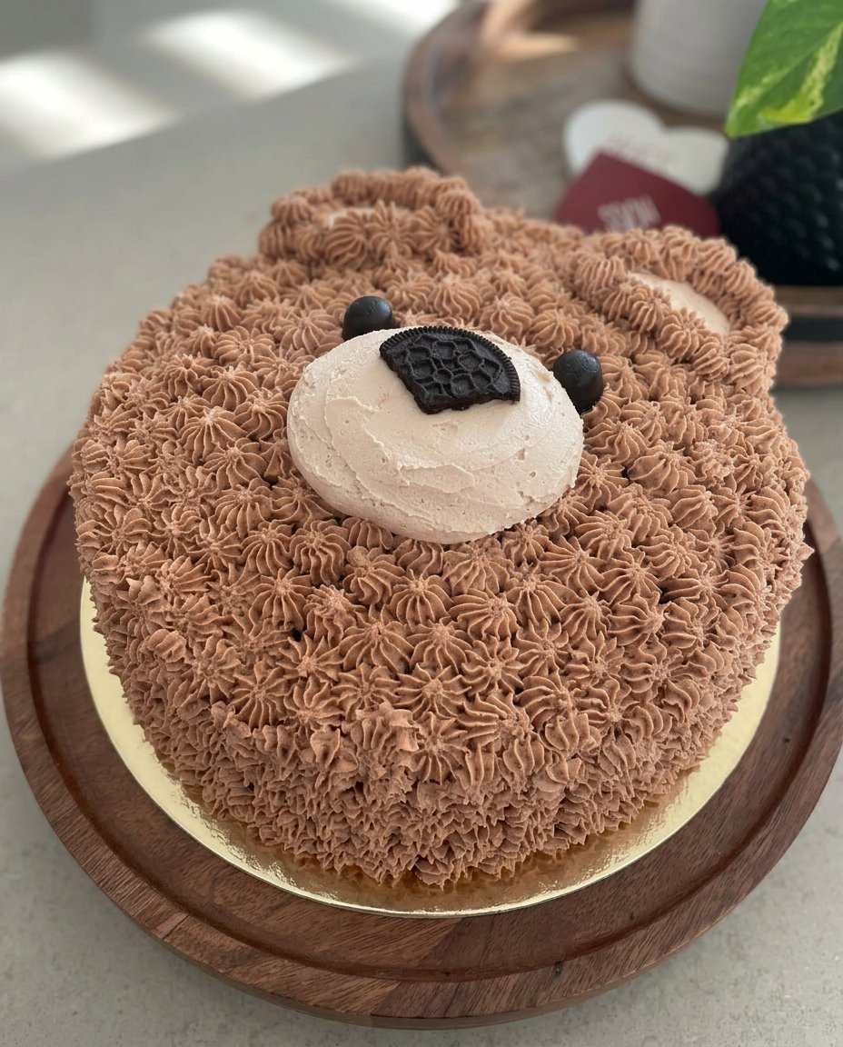 Bear Cake 14 A slice of chocolate bear cake served on a rustic plate