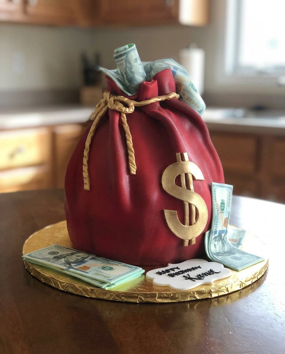 Money Cake 14 A slice of chocolate cake on a rustic plate with peanut butter frosting