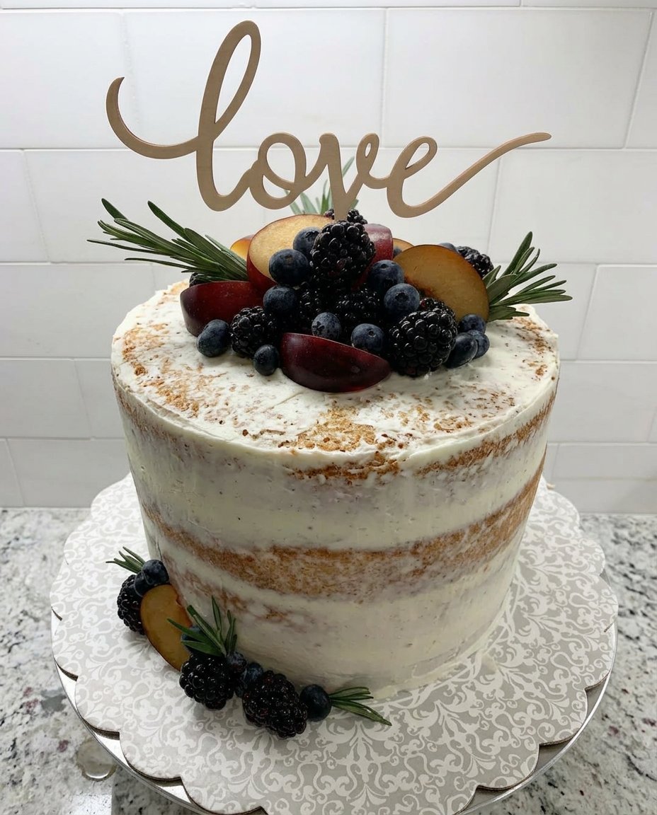 A slice of nude cake served on a rustic plate with whipped cream and fresh mint