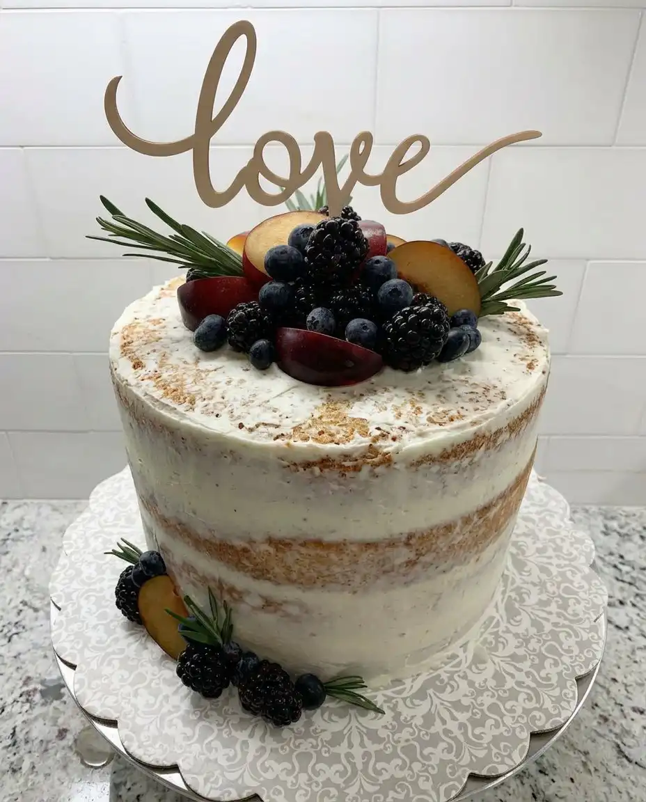 A slice of nude cake served on a rustic plate with whipped cream and fresh mint