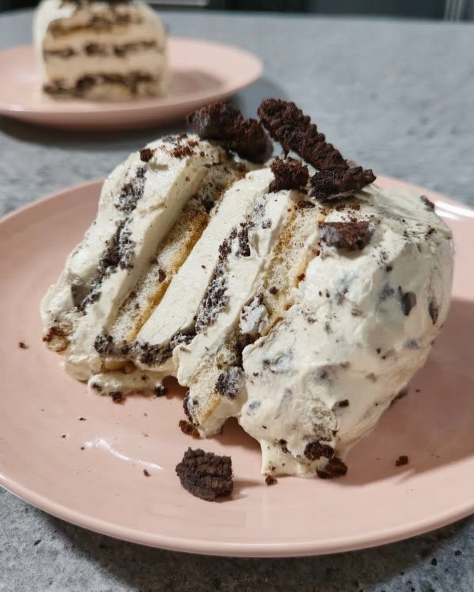 Oreo Icebox Cake 14 A clean slice of Oreo icebox cake showing distinct black and white layers