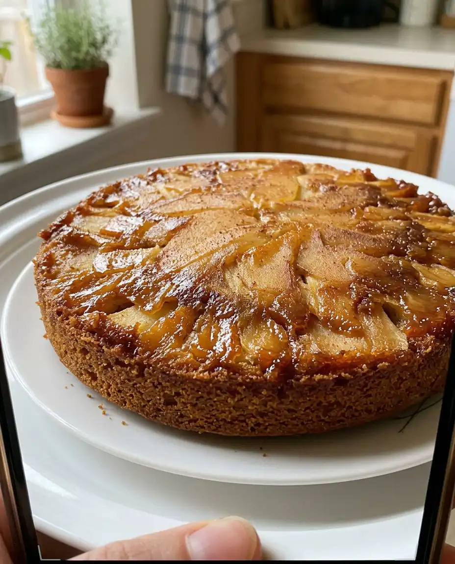 A slice of apple spice cake served on a white plate with a dollop of salted caramel whipped cream.