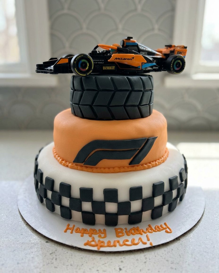 F1 Cake 14 A slice of F1 cake being served on a plate next to the decorated car cake.