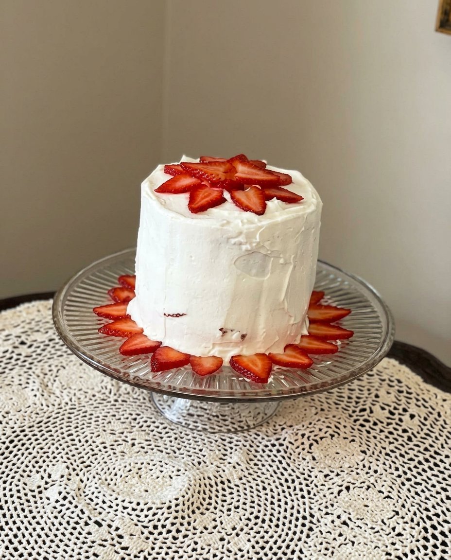 A slice of strawberry cake served on a rustic plate with fresh fruit