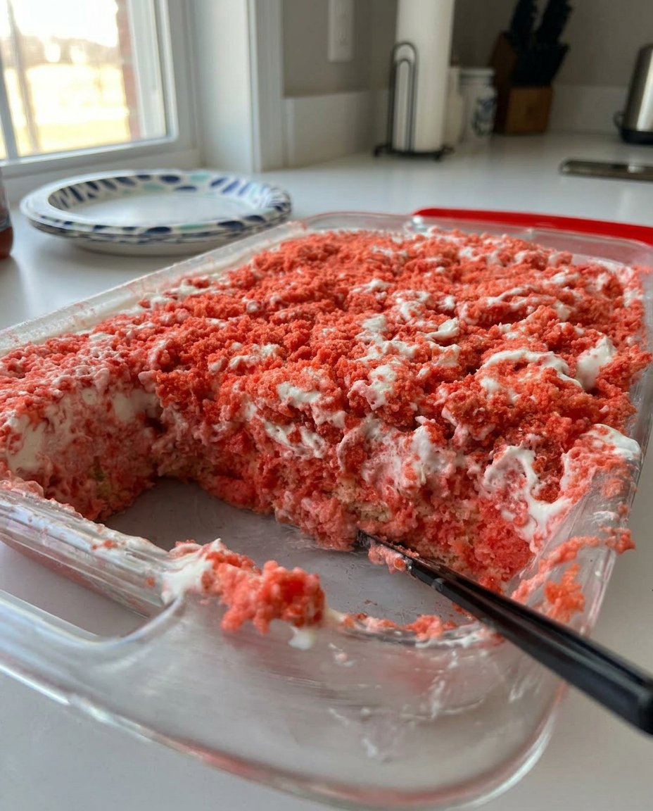 A rectangular pan of strawberry crunch cake being served at a gathering