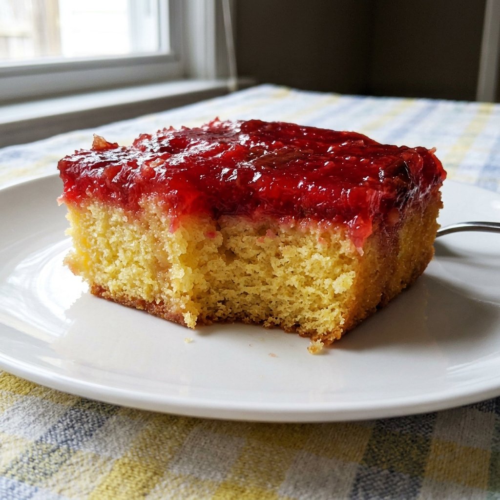 A slice of strawberry rhubarb cake served on a china plate with a scoop of vanilla ice cream.