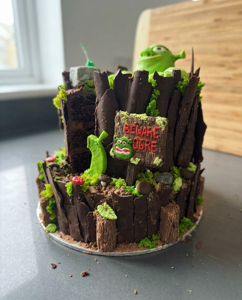 A beautifully sculpted Shrek cake covered in green almond paste on a cake stand.