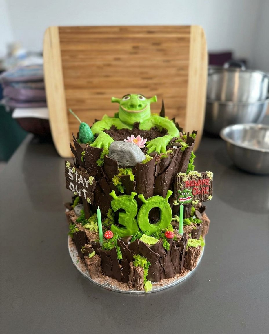 Shrek Cake 13 Hands shaping the green almond paste ears for a Shrek cake.