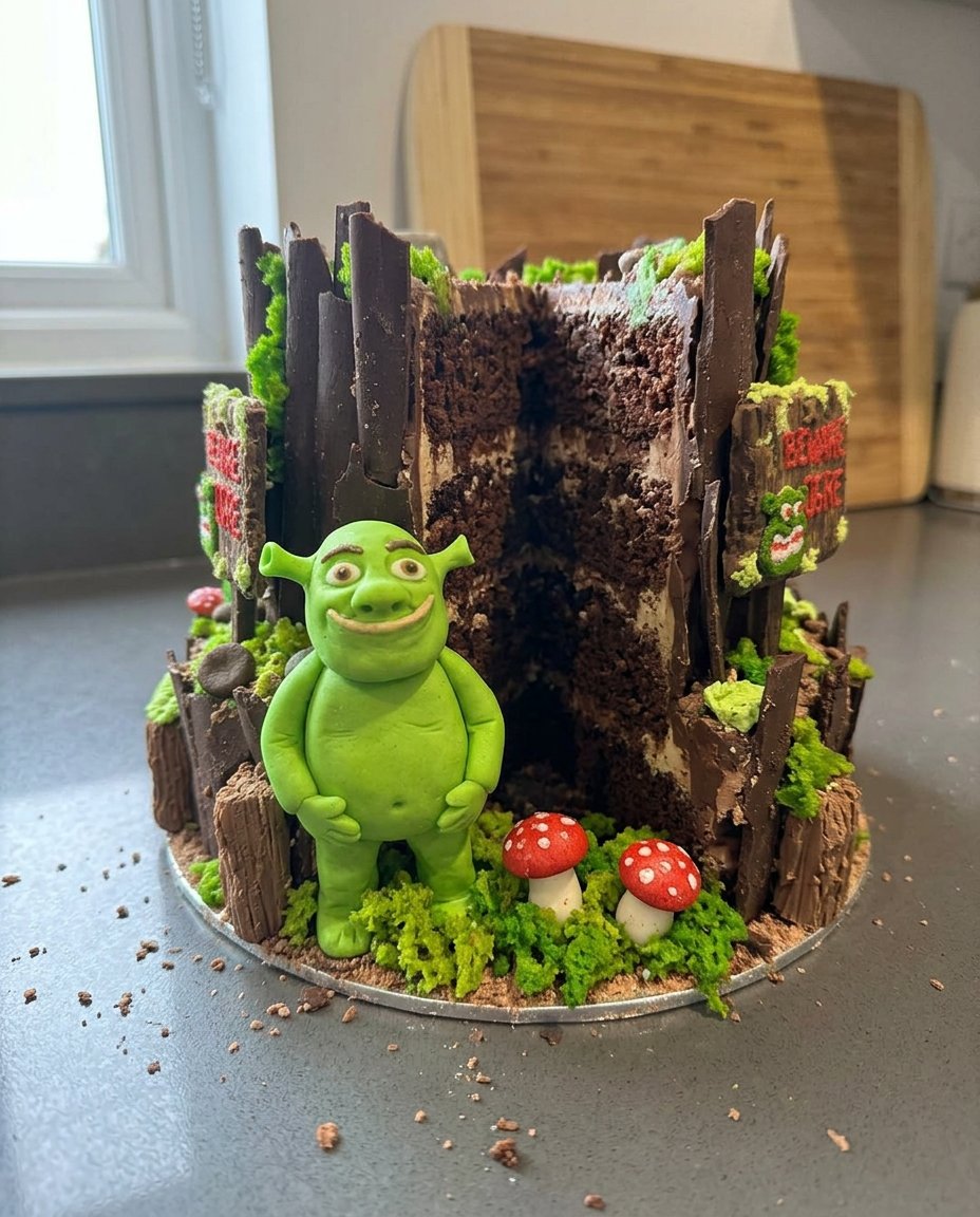 Shrek Cake 14 A slice of the chocolate almond Shrek cake served on a white plate.