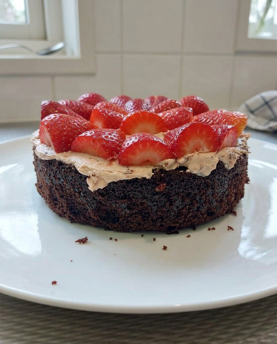 Strawberry Chocolate Cake 2 13 A close up of cocoa powder being sifted into a glass bowl