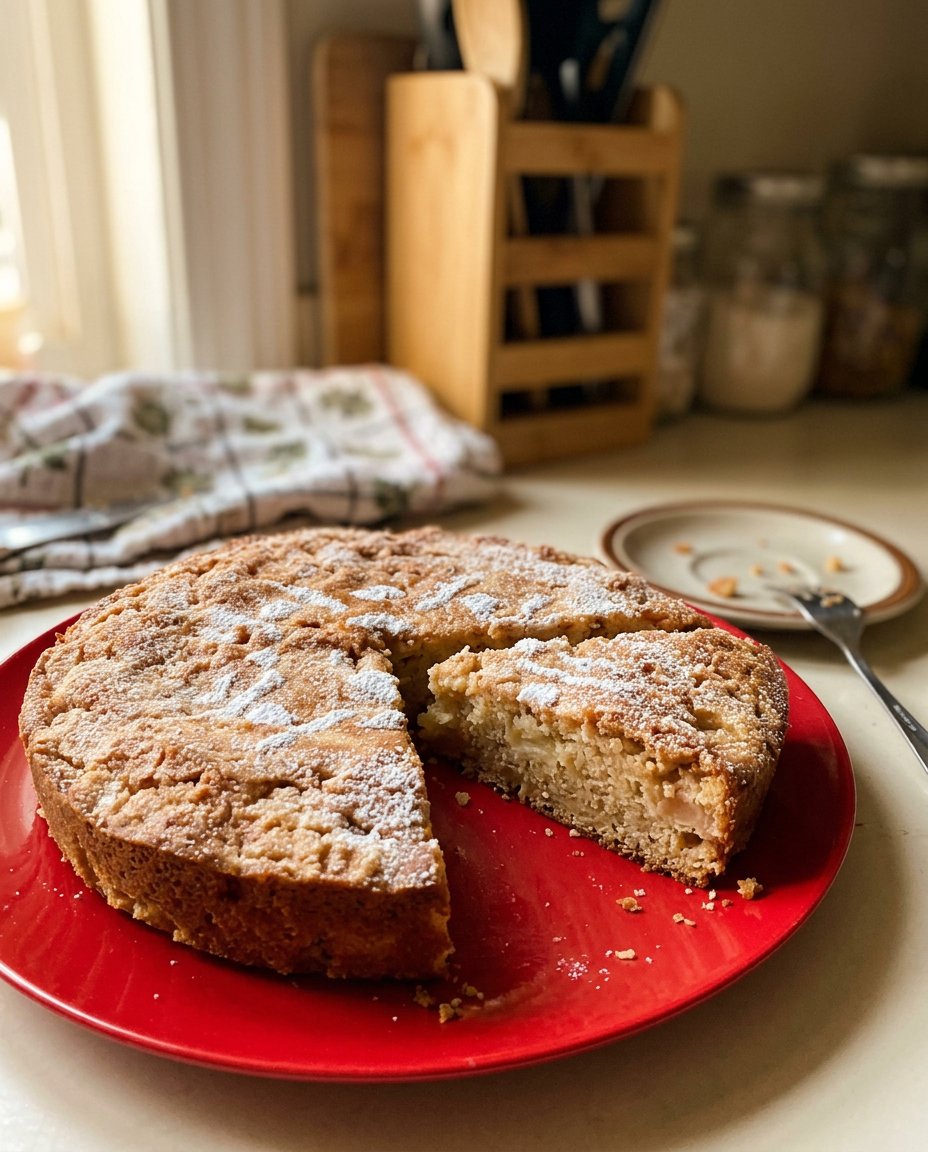 A single slice of apple cake served with a dollop of whipped cream on a white ceramic plate