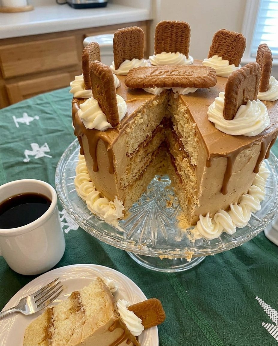 Biscoff Cake 14 A thick slice of Biscoff cake showing the moist texture and cookie chunks