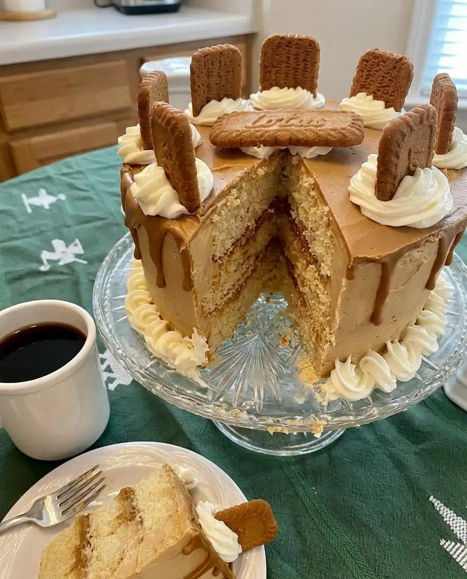 Biscoff Cake 14 A thick slice of Biscoff cake showing the moist texture and cookie chunks