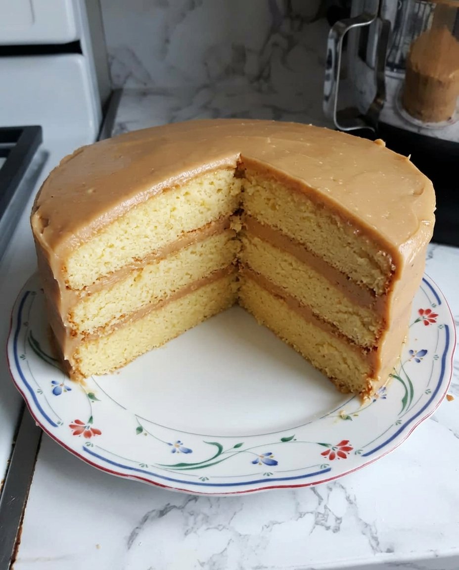 Caramel Cake 14 A single slice of caramel cake on a plate next to a cup of coffee