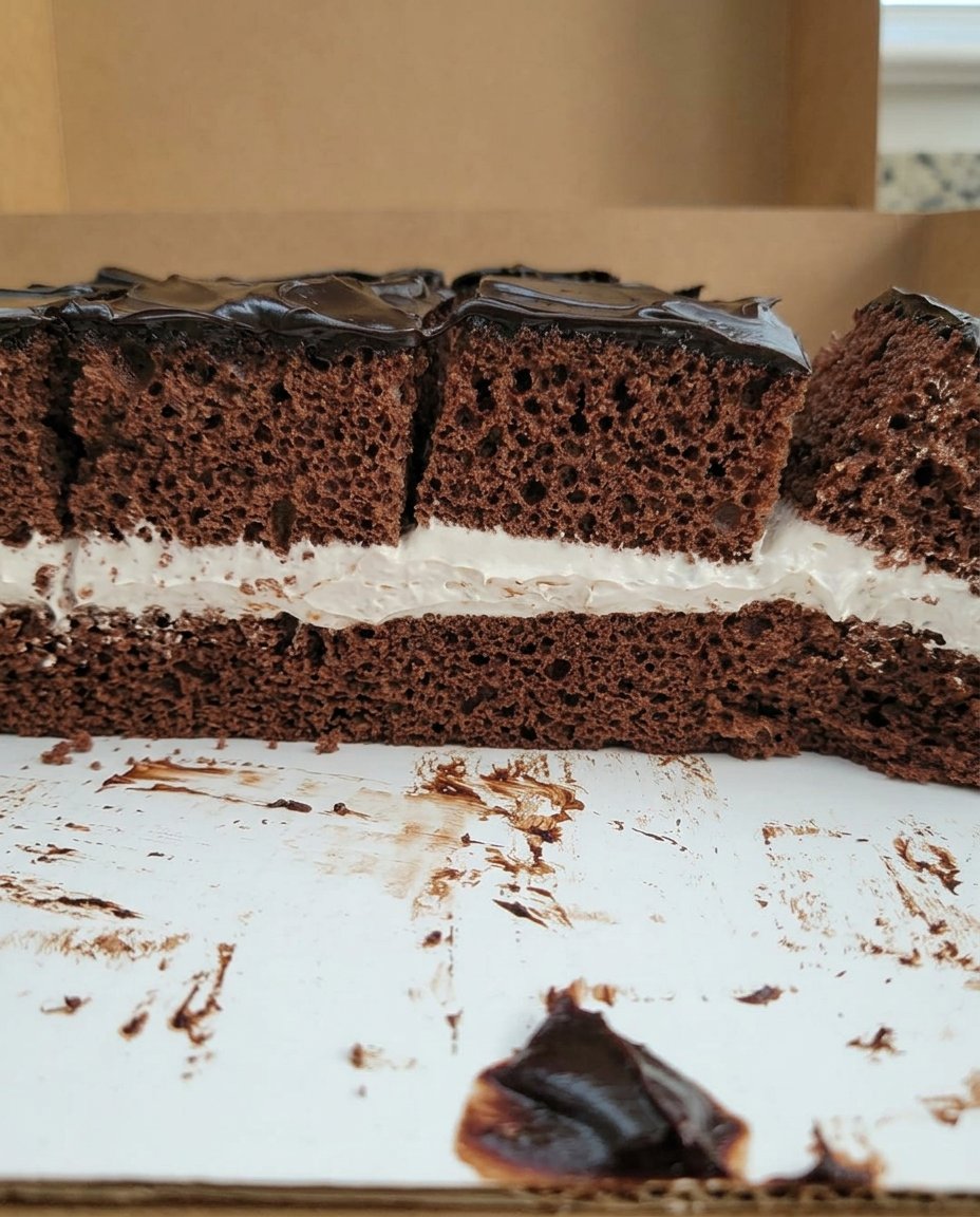A single slice of chocolate square cake served on a vintage floral china plate.
