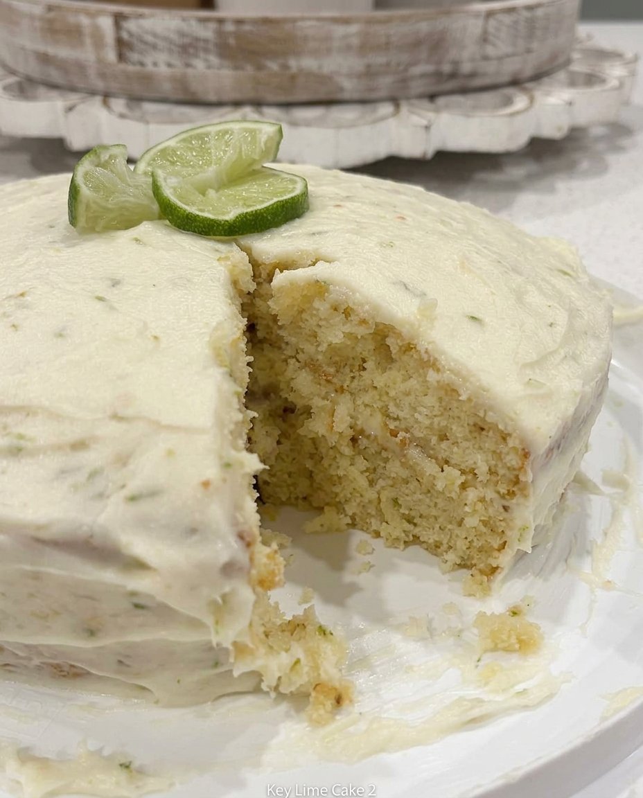 Key Lime Cake 14 A single square slice of key lime cake served on a rustic wooden plate with a fork.