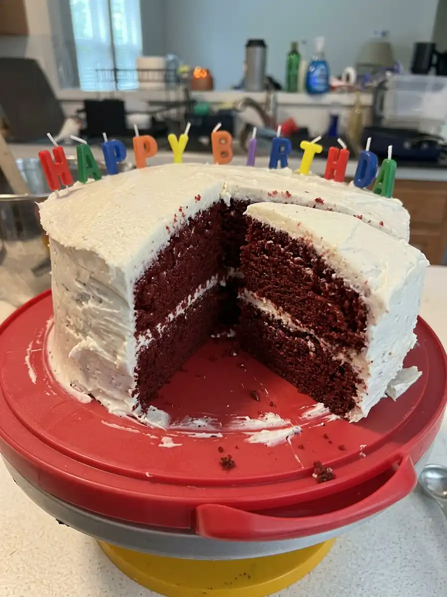 A single slice of red cake showing the moist crumb and thick frosting
