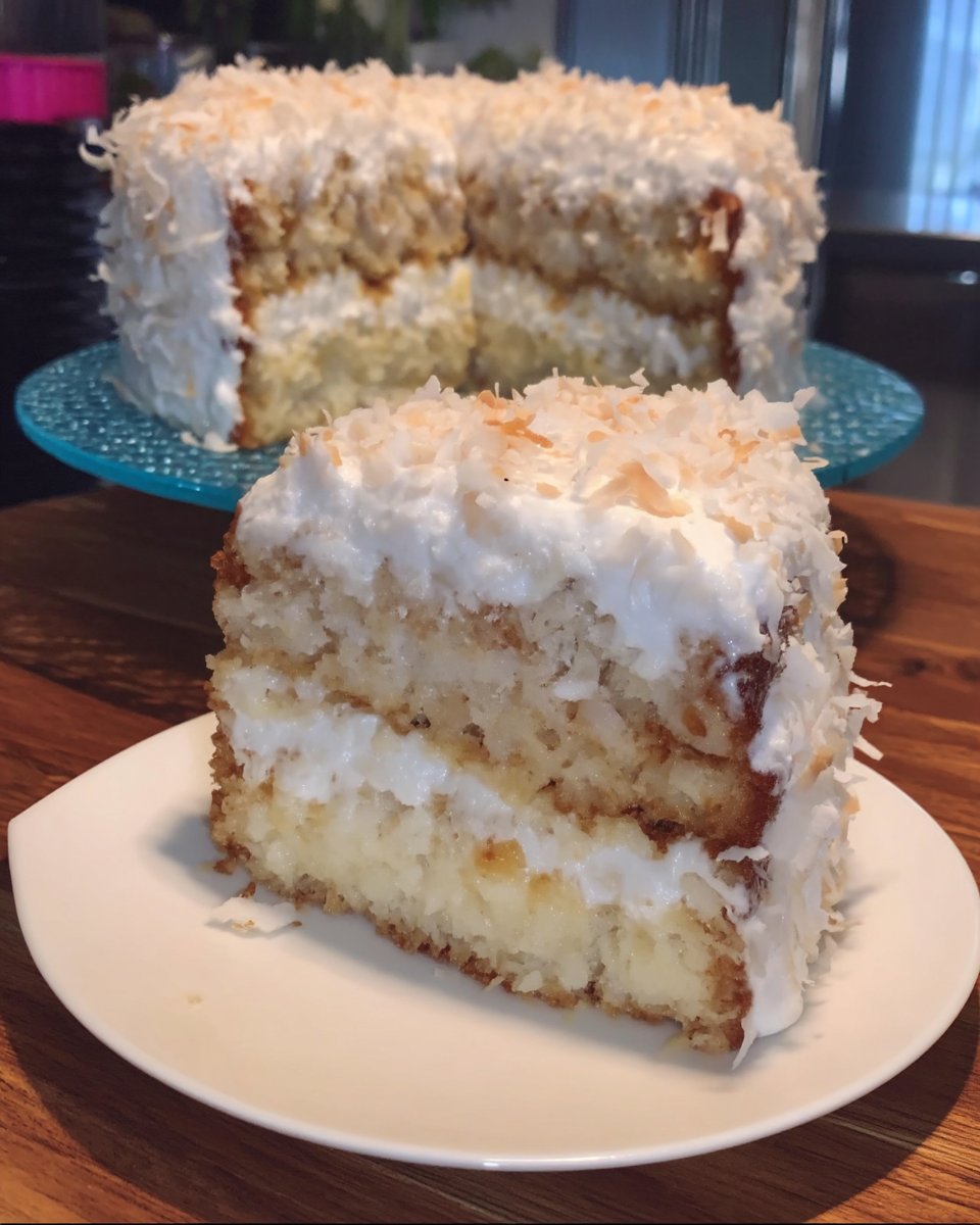 A single slice of coconut cake on a white plate with a fork