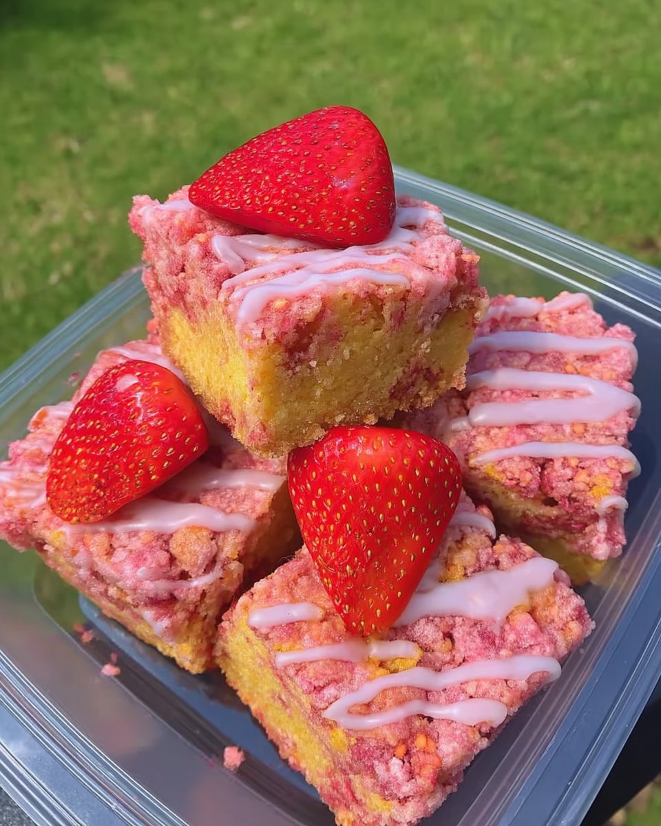 A thick slice of pink strawberry crunch cake served on a plate with a glass of milk in the background.