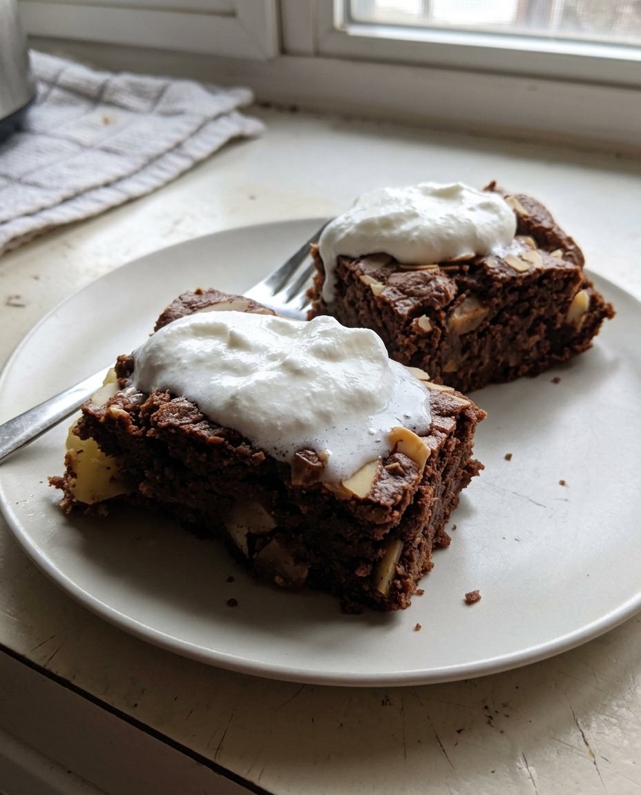 A single slice of ugly cake dusted with powdered sugar on a ceramic plate