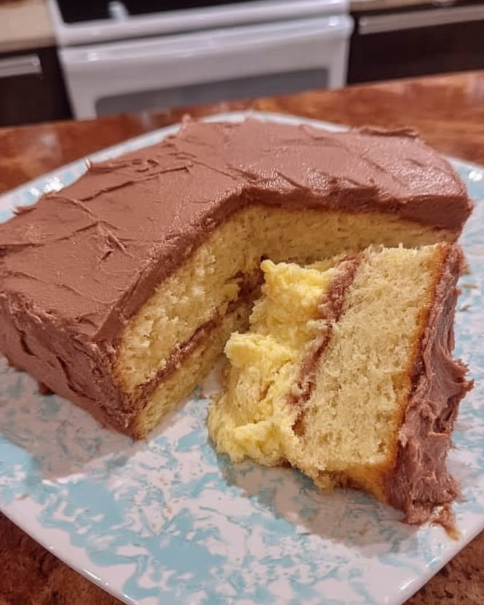 A single slice of yellow cake with chocolate frosting on a ceramic plate