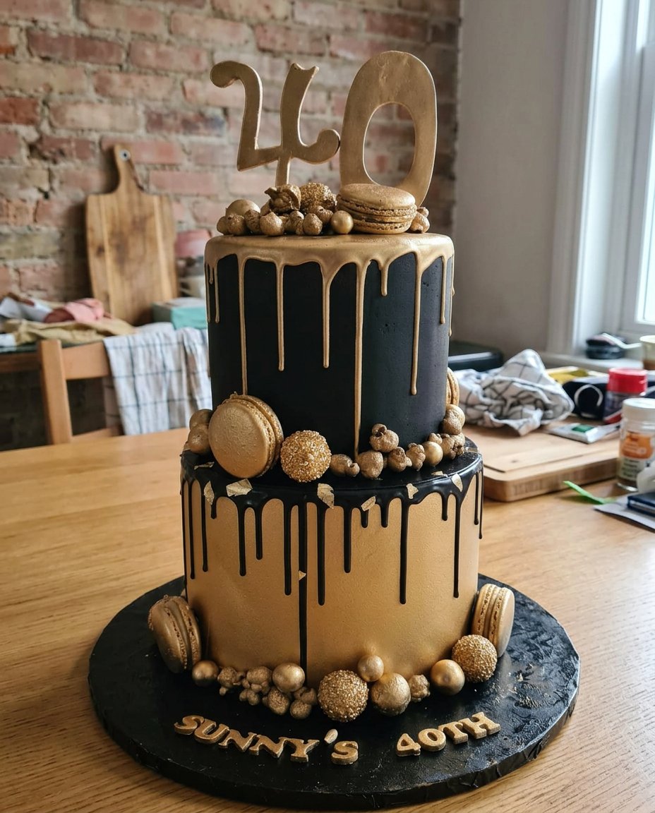 Black And Gold Cake 14 A slice of black and gold cake removed to reveal a center filled with gold candies