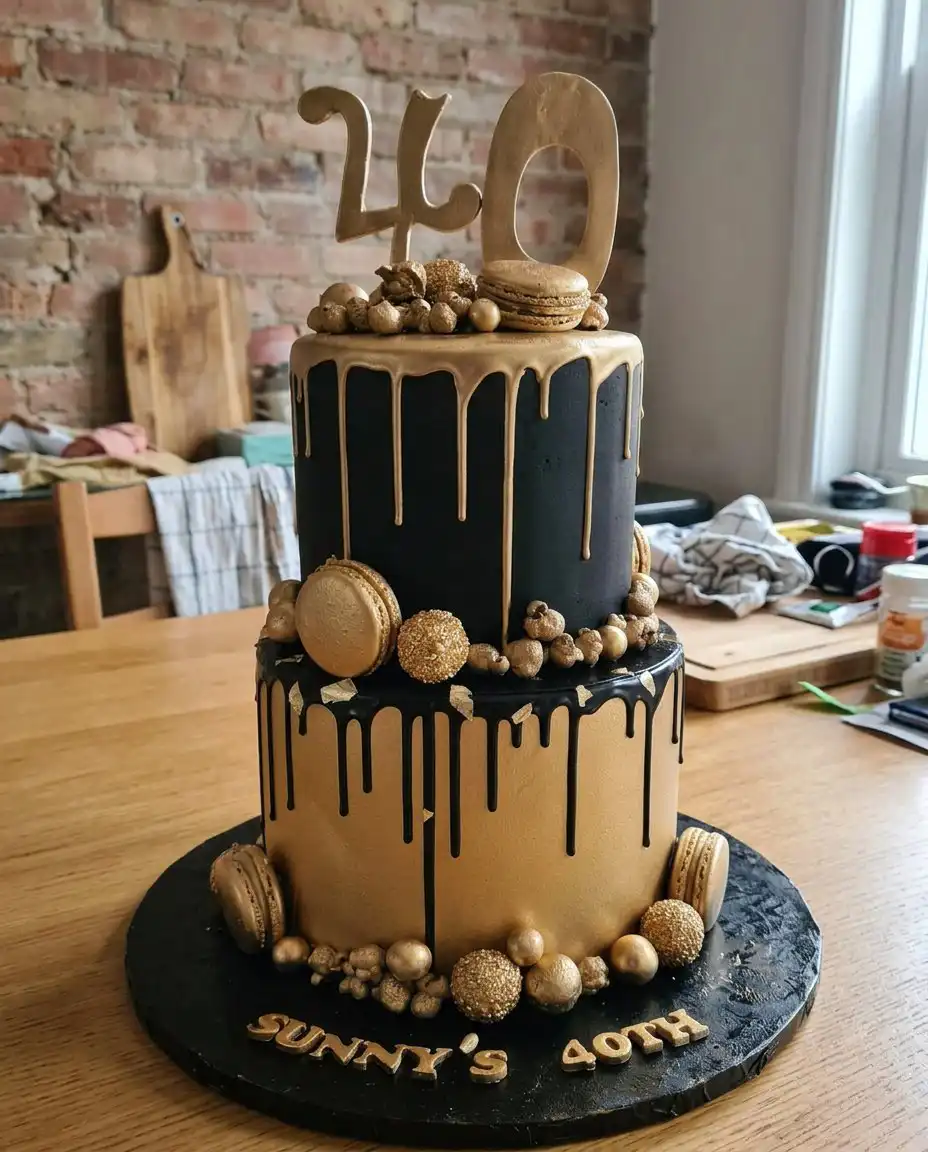Black And Gold Cake 14 A slice of black and gold cake removed to reveal a center filled with gold candies