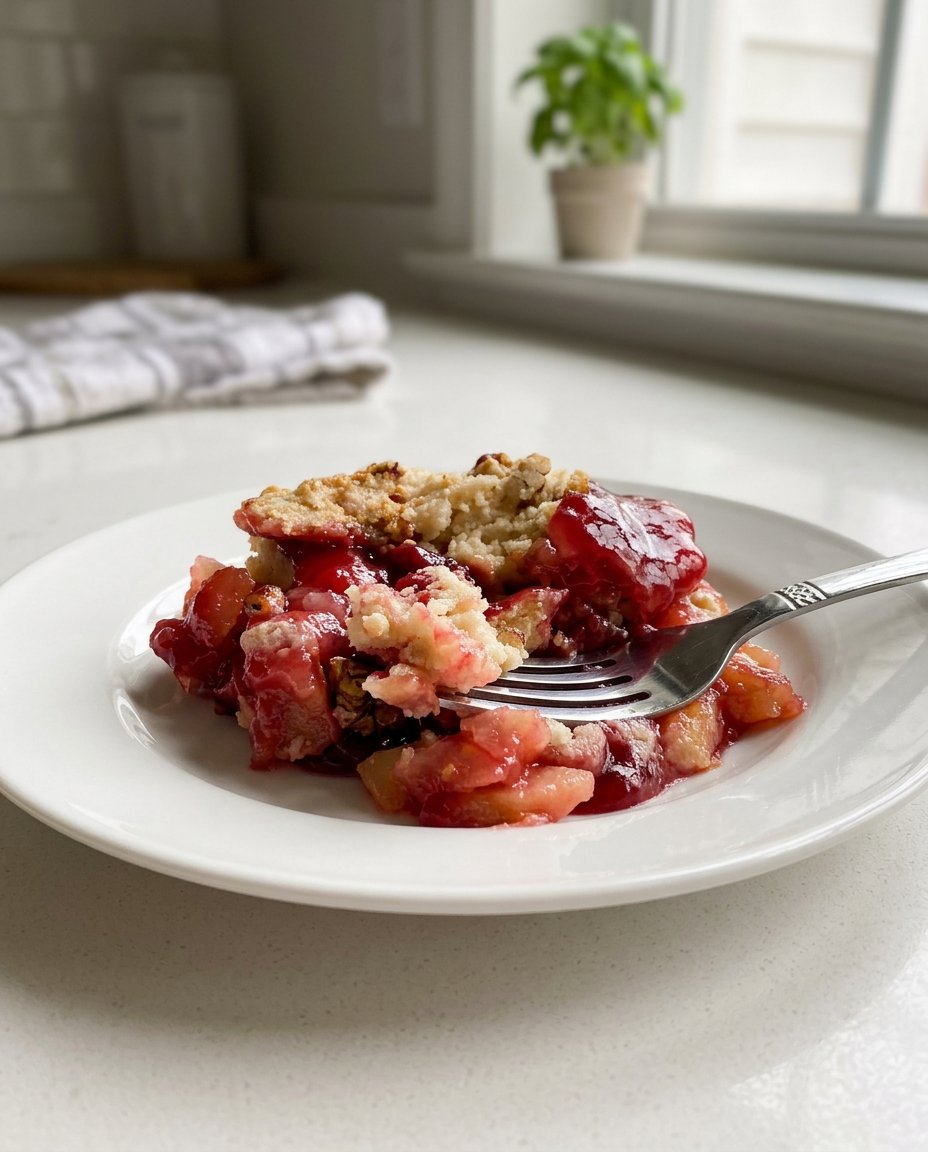 A served portion of cherry dump cake on a white plate topped with a dollop of whipped cream.