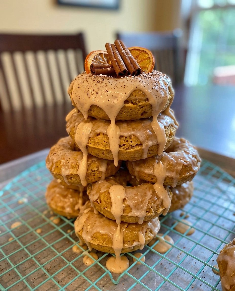 A thick slice of chocolate donut cake on a ceramic plate next to a cup of coffee