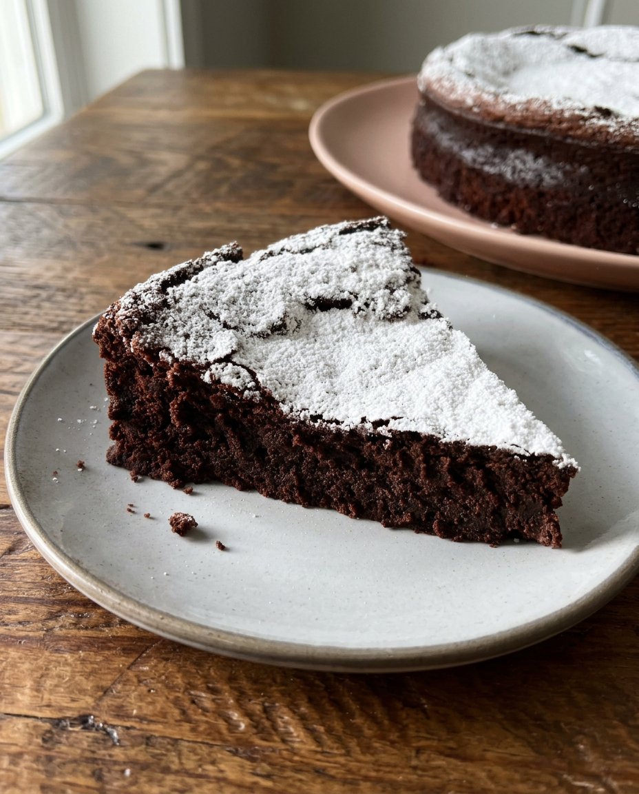 A slice of flourless chocolate cake served with fresh raspberries and cream