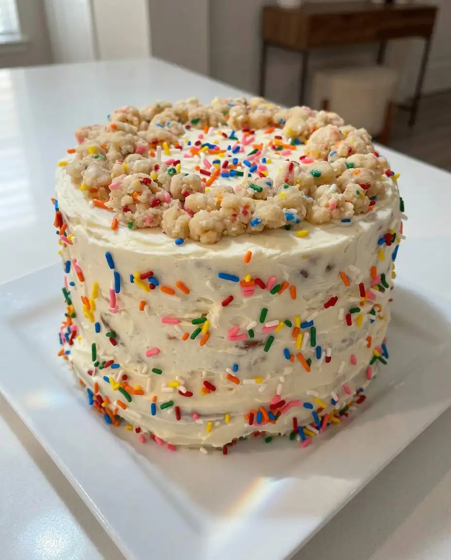 A fully frosted Funfetti cake with one slice removed to show the interior