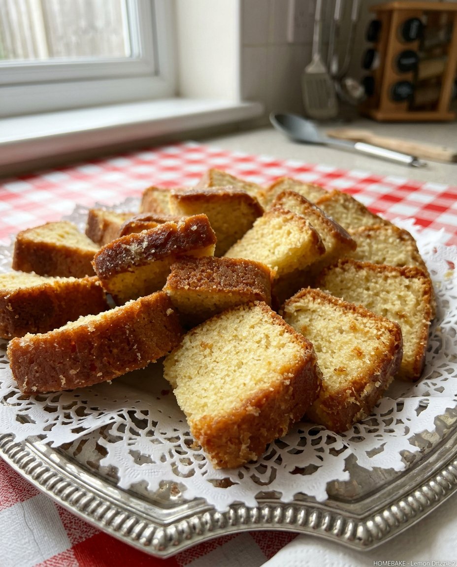 Lemon Drizzle Cake 14 A thick slice of lemon drizzle cake served next to a glass of iced tea