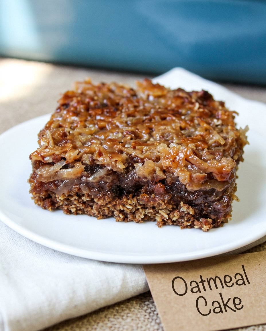Oatmeal Cake 14 A single square slice of oatmeal cake with a thick coconut and nut topping.