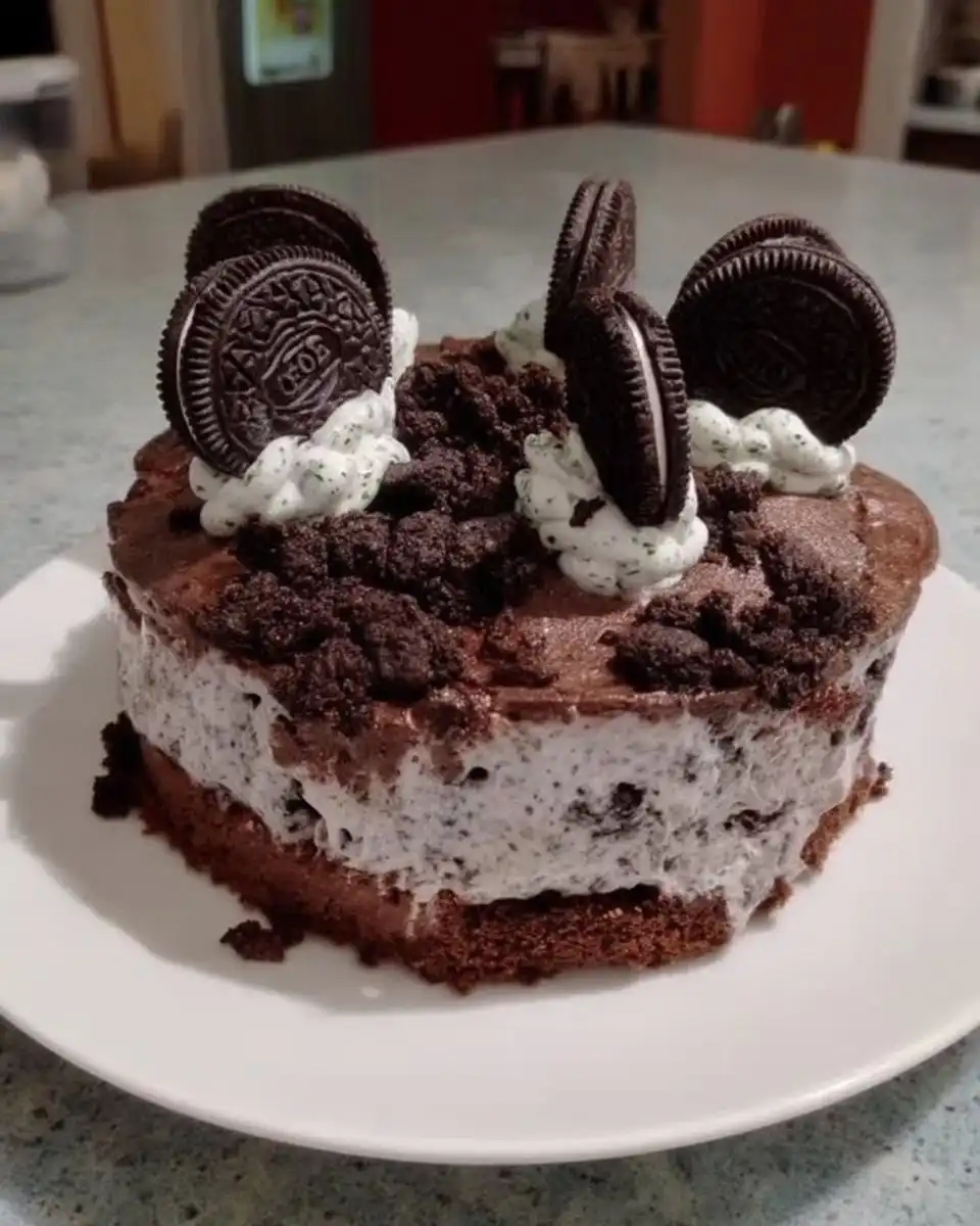 A single slice of Oreo cake showing the moist layers and cookie crumbs