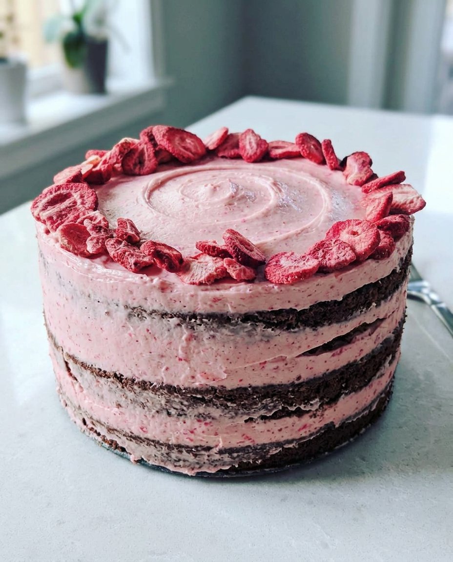 A single slice of strawberry cake showing the moist interior