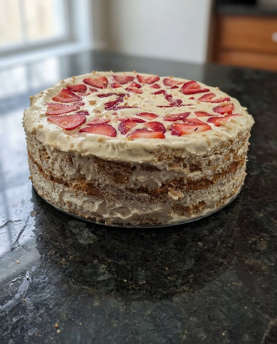 A thick slice of strawberry icebox cake served on a rustic wooden cutting board.