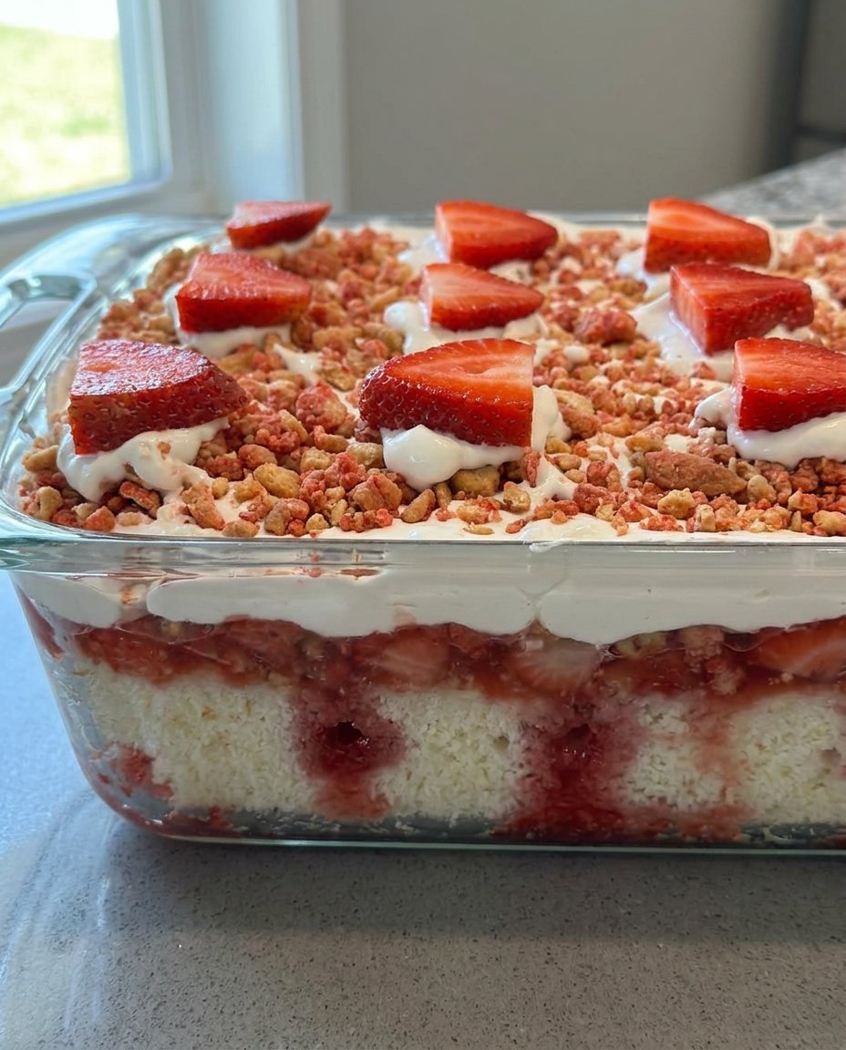 A single square slice of strawberry poke cake showing the fruit-filled holes and graham cracker topping.