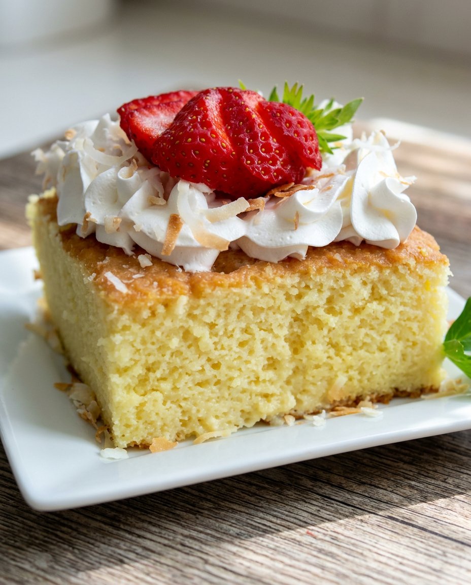 A single slice of Strawberry Tres Leches Cake 3 showing the moist red-flecked interior and creamy topping.