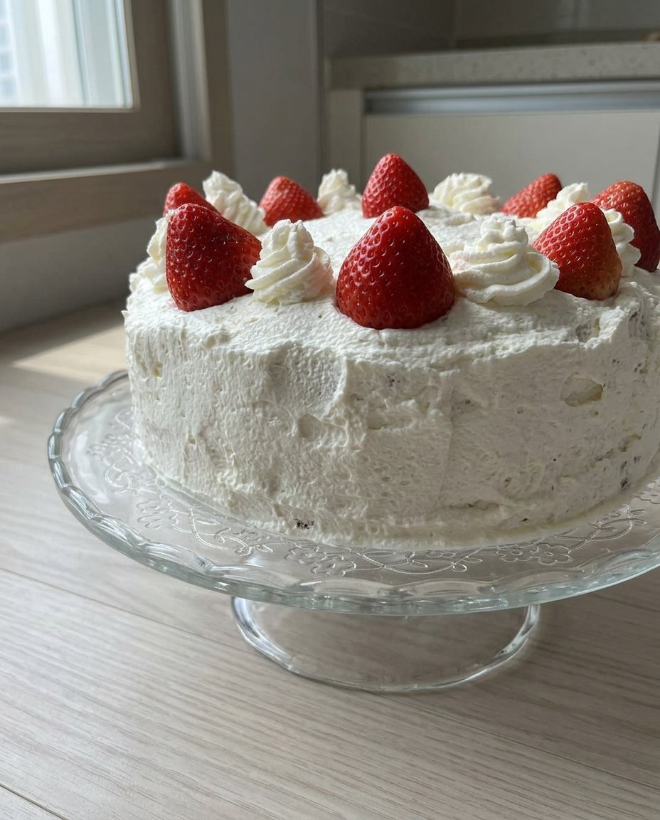 Strawberry Vanilla Cake 14 A single slice of Strawberry Vanilla Cake showing the interior layers of fruit and cream.