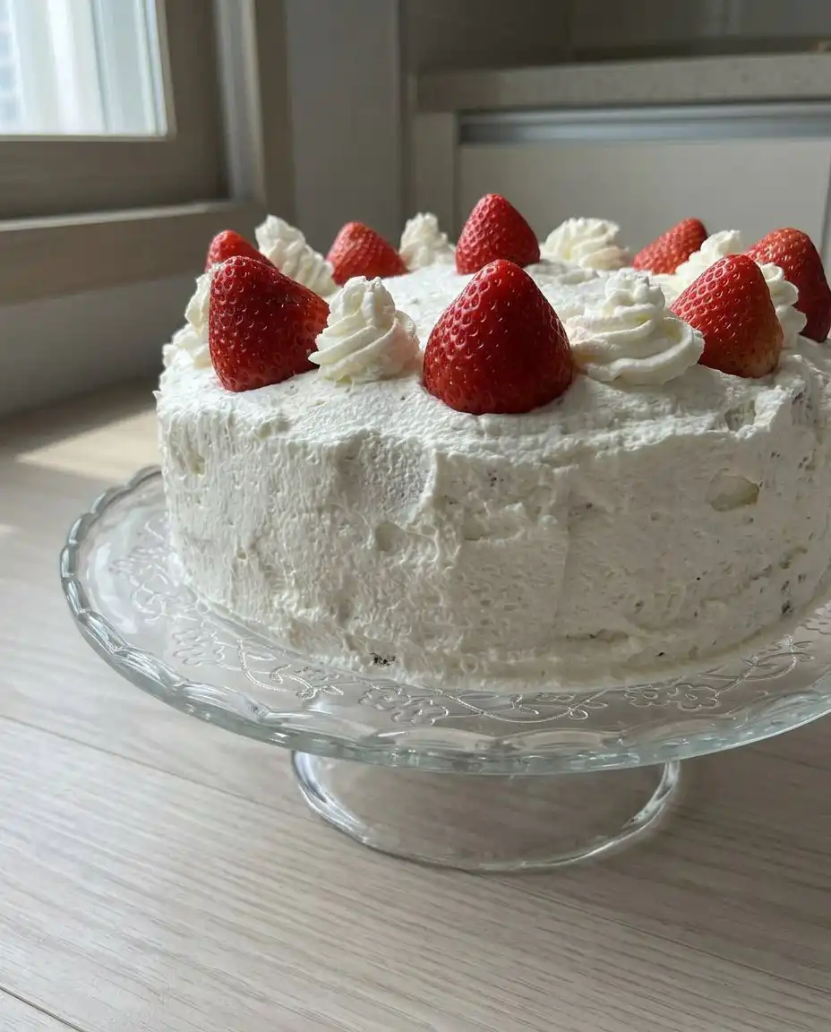 A single slice of Strawberry Vanilla Cake showing the interior layers of fruit and cream.
