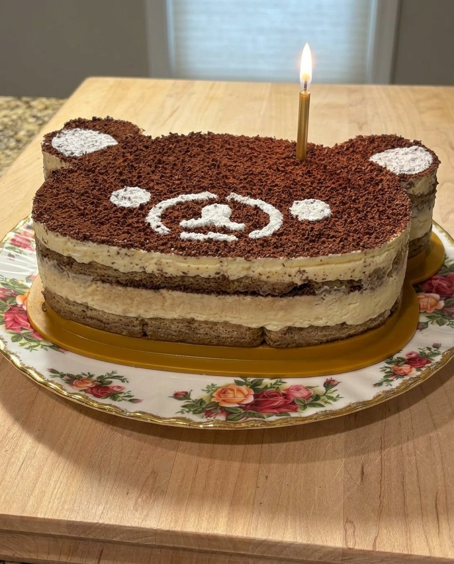 A single slice of tiramisu cake showing distinct cream and ladyfinger layers