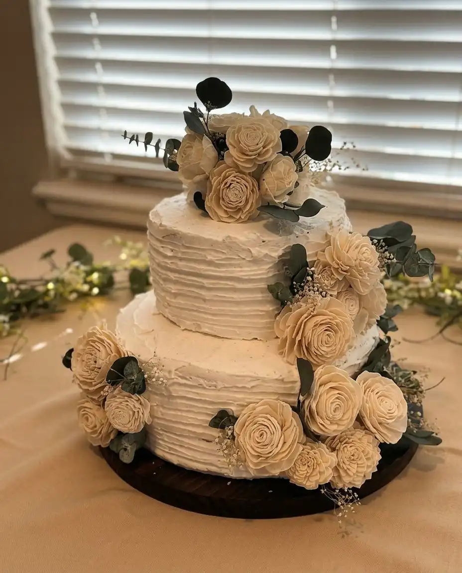 A slice of moist white cake with a tight crumb and edible flower garnish